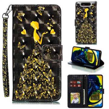 Golden Butterfly Girl 3D Painted Leather Phone Wallet Case for Samsung Galaxy A80 A90