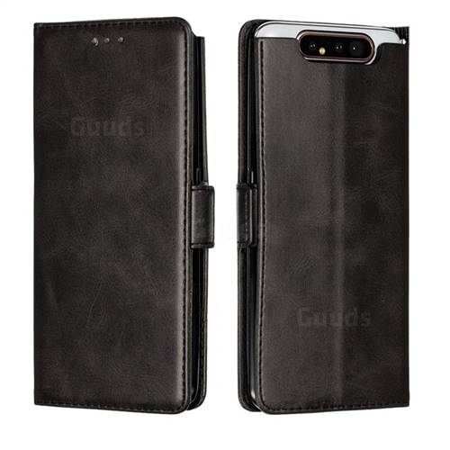 Retro Classic Calf Pattern Leather Wallet Phone Case for Samsung Galaxy A80 A90 - Black