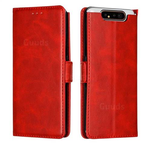 Retro Classic Calf Pattern Leather Wallet Phone Case for Samsung Galaxy A80 A90 - Red