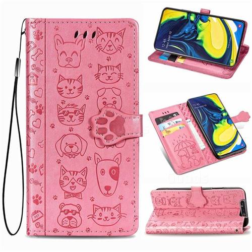 Embossing Dog Paw Kitten and Puppy Leather Wallet Case for Samsung Galaxy A80 A90 - Pink