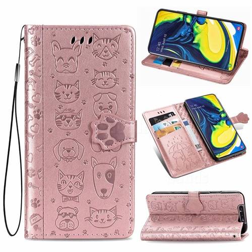 Embossing Dog Paw Kitten and Puppy Leather Wallet Case for Samsung Galaxy A80 A90 - Rose Gold