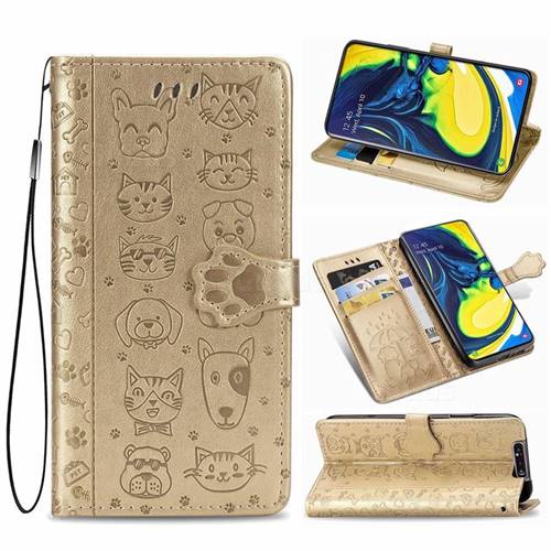 Embossing Dog Paw Kitten and Puppy Leather Wallet Case for Samsung Galaxy A80 A90 - Champagne Gold