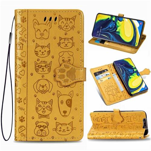 Embossing Dog Paw Kitten and Puppy Leather Wallet Case for Samsung Galaxy A80 A90 - Yellow