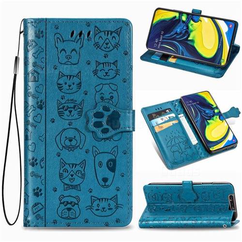 Embossing Dog Paw Kitten and Puppy Leather Wallet Case for Samsung Galaxy A80 A90 - Blue