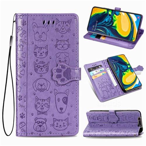 Embossing Dog Paw Kitten and Puppy Leather Wallet Case for Samsung Galaxy A80 A90 - Purple