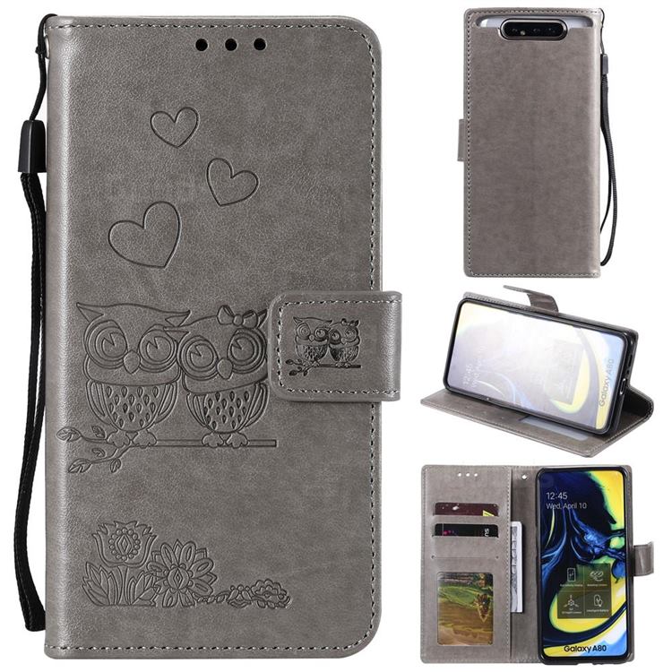 Embossing Owl Couple Flower Leather Wallet Case for Samsung Galaxy A80 A90 - Gray