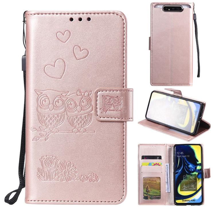 Embossing Owl Couple Flower Leather Wallet Case for Samsung Galaxy A80 A90 - Rose Gold
