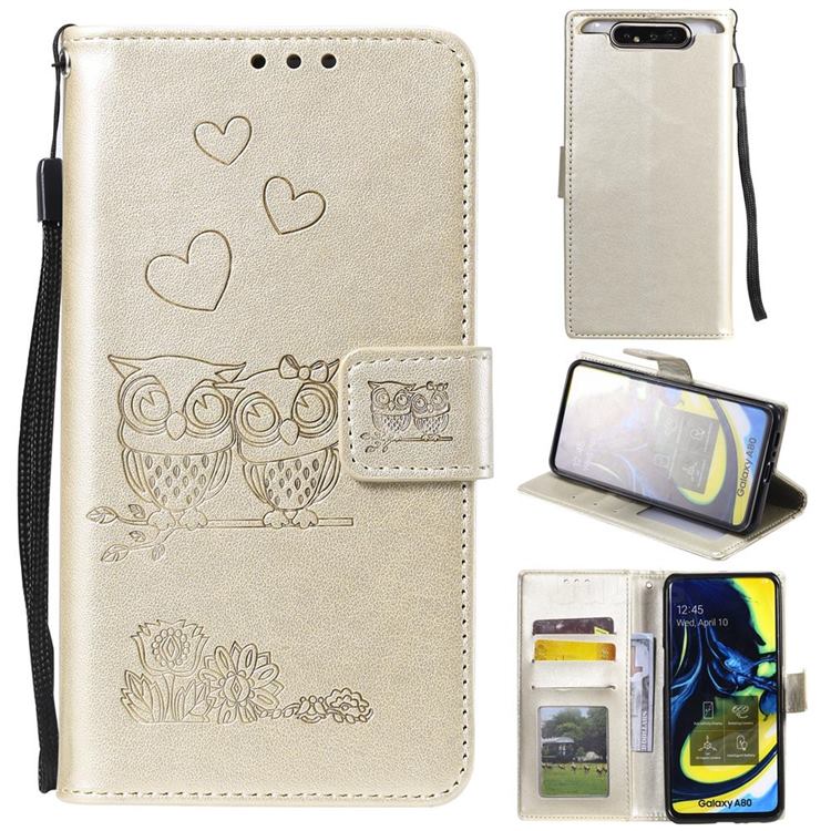 Embossing Owl Couple Flower Leather Wallet Case for Samsung Galaxy A80 A90 - Golden