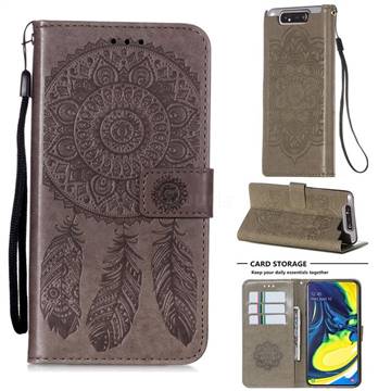 Embossing Dream Catcher Mandala Flower Leather Wallet Case for Samsung Galaxy A80 A90 - Gray