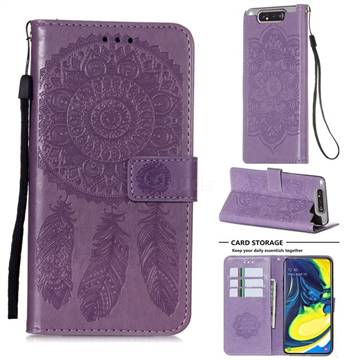 Embossing Dream Catcher Mandala Flower Leather Wallet Case for Samsung Galaxy A80 A90 - Purple