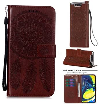 Embossing Dream Catcher Mandala Flower Leather Wallet Case for Samsung Galaxy A80 A90 - Brown
