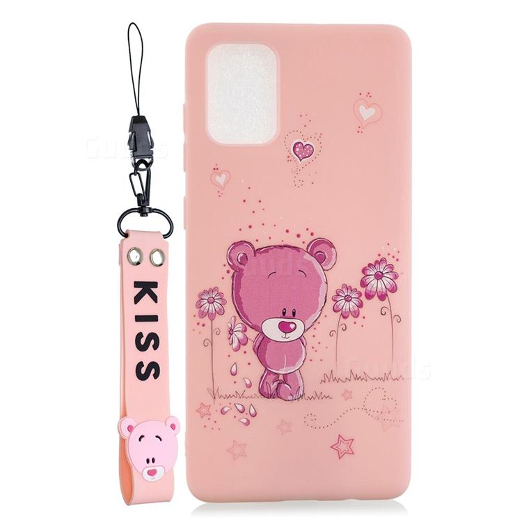 Pink Flower Bear Soft Kiss Candy Hand Strap Silicone Case for Samsung Galaxy A81