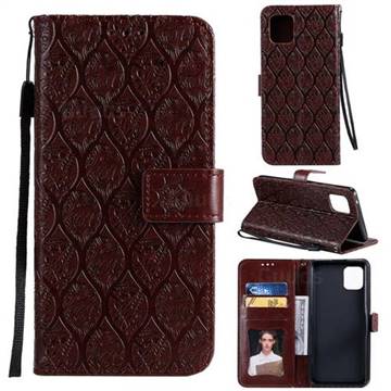 Intricate Embossing Rattan Flower Leather Wallet Case for Samsung Galaxy A81 - Brown