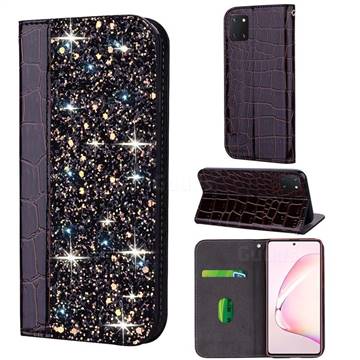 Shiny Crocodile Pattern Stitching Magnetic Closure Flip Holster Shockproof Phone Case for Samsung Galaxy A81 - Black Brown