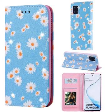 Ultra Slim Daisy Sparkle Glitter Powder Magnetic Leather Wallet Case for Samsung Galaxy A81 - Blue