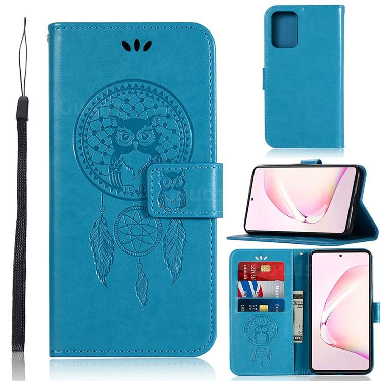 Intricate Embossing Owl Campanula Leather Wallet Case for Samsung Galaxy A81 - Blue