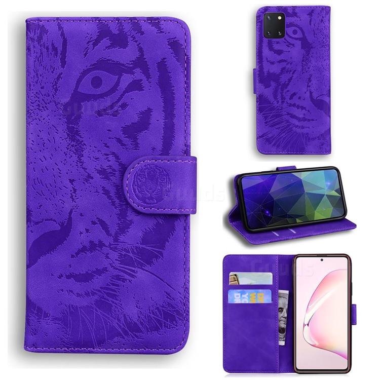 Intricate Embossing Tiger Face Leather Wallet Case for Samsung Galaxy A81 - Purple