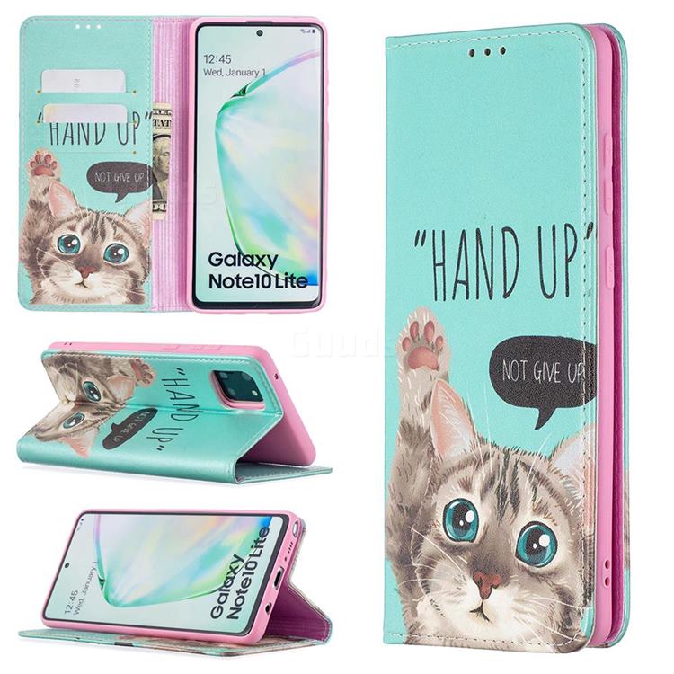 Hand Up Cat Slim Magnetic Attraction Wallet Flip Cover for Samsung Galaxy A81