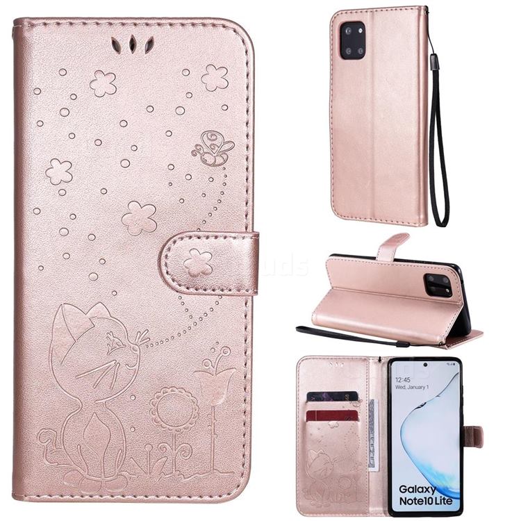 Embossing Bee and Cat Leather Wallet Case for Samsung Galaxy A81 - Rose Gold