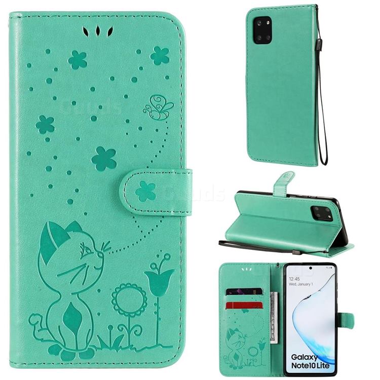 Embossing Bee and Cat Leather Wallet Case for Samsung Galaxy A81 - Green