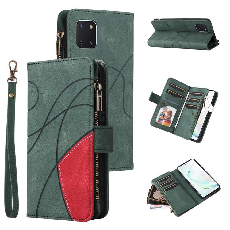 Luxury Two-color Stitching Multi-function Zipper Leather Wallet Case Cover for Samsung Galaxy A81 - Green