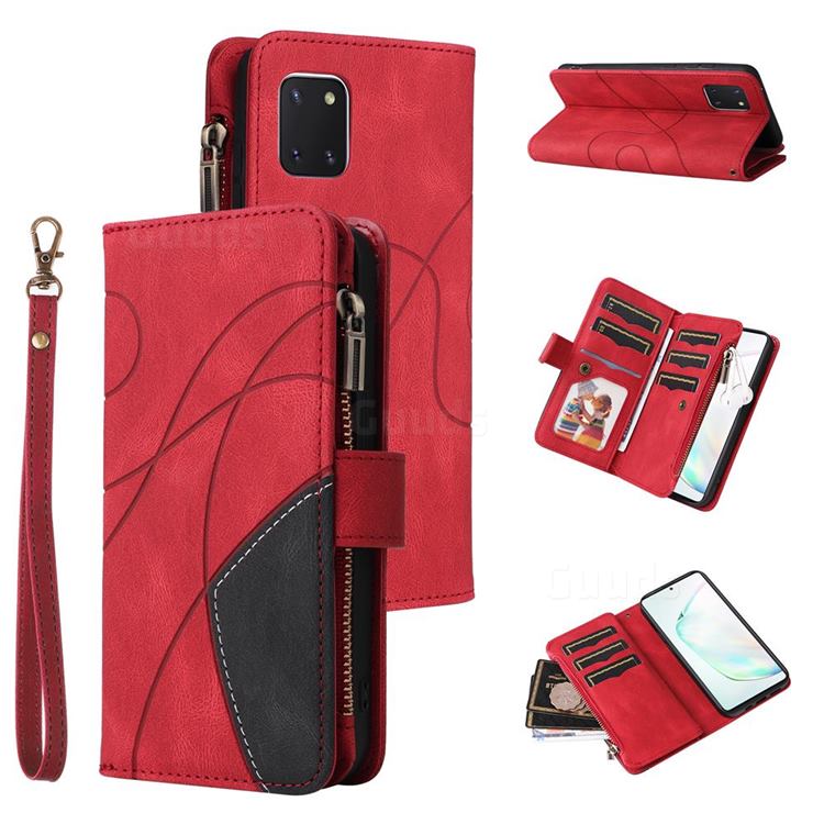 Luxury Two-color Stitching Multi-function Zipper Leather Wallet Case Cover for Samsung Galaxy A81 - Red