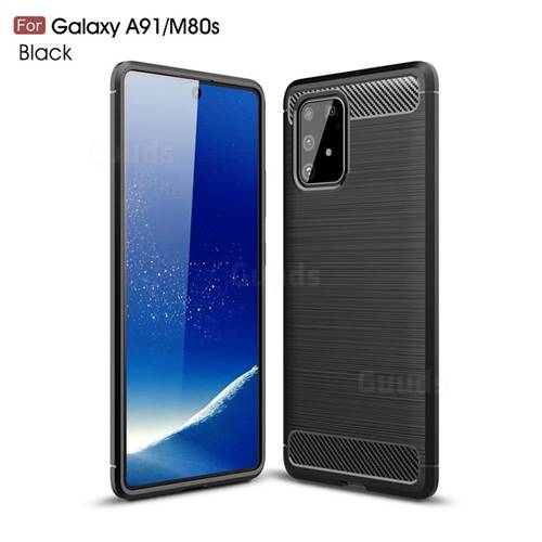 Luxury Carbon Fiber Brushed Wire Drawing Silicone TPU Back Cover for Samsung Galaxy A91 - Black