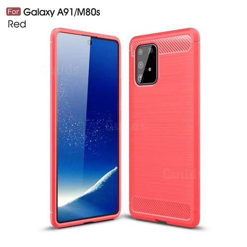 Luxury Carbon Fiber Brushed Wire Drawing Silicone TPU Back Cover for Samsung Galaxy A91 - Red