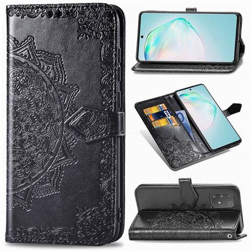 Embossing Imprint Mandala Flower Leather Wallet Case for Samsung Galaxy A91 - Black