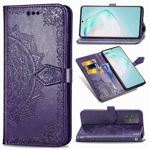 Embossing Imprint Mandala Flower Leather Wallet Case for Samsung Galaxy A91 - Purple
