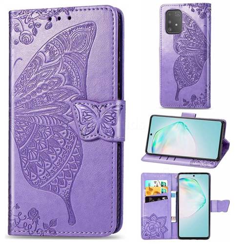 Embossing Mandala Flower Butterfly Leather Wallet Case for Samsung Galaxy A91 - Light Purple