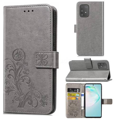 Embossing Imprint Four-Leaf Clover Leather Wallet Case for Samsung Galaxy A91 - Grey