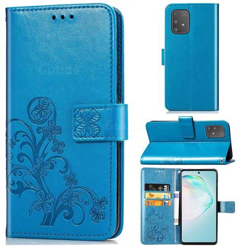 Embossing Imprint Four-Leaf Clover Leather Wallet Case for Samsung Galaxy A91 - Blue