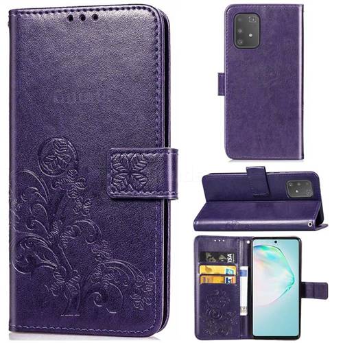 Embossing Imprint Four-Leaf Clover Leather Wallet Case for Samsung Galaxy A91 - Purple