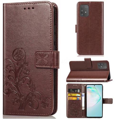 Embossing Imprint Four-Leaf Clover Leather Wallet Case for Samsung Galaxy A91 - Brown