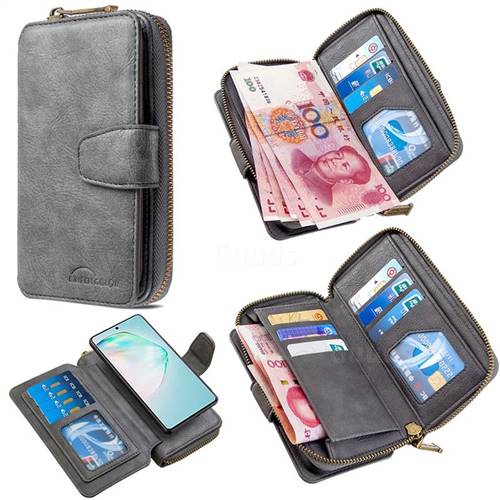 Binfen Color Retro Buckle Zipper Multifunction Leather Phone Wallet for Samsung Galaxy A91 - Gray