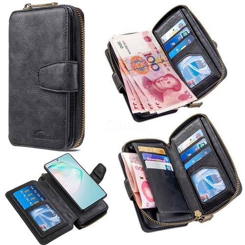 Binfen Color Retro Buckle Zipper Multifunction Leather Phone Wallet for Samsung Galaxy A91 - Black
