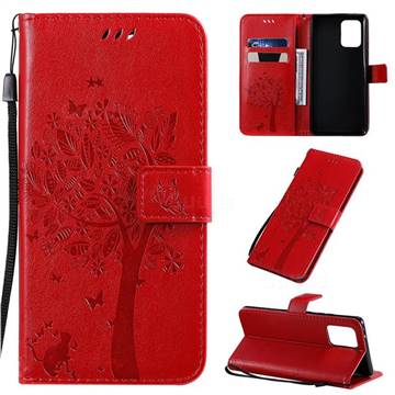 Embossing Butterfly Tree Leather Wallet Case for Samsung Galaxy A91 - Red