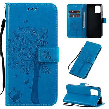 Embossing Butterfly Tree Leather Wallet Case for Samsung Galaxy A91 - Blue