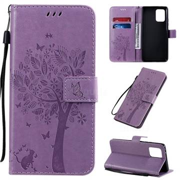 Embossing Butterfly Tree Leather Wallet Case for Samsung Galaxy A91 - Violet