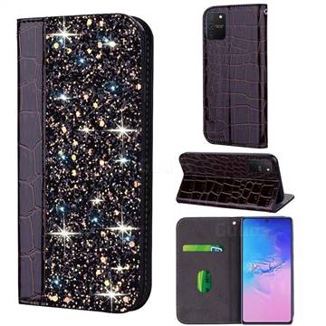 Shiny Crocodile Pattern Stitching Magnetic Closure Flip Holster Shockproof Phone Case for Samsung Galaxy A91 - Black Brown