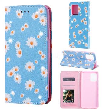 Ultra Slim Daisy Sparkle Glitter Powder Magnetic Leather Wallet Case for Samsung Galaxy A91 - Blue