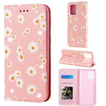 Ultra Slim Daisy Sparkle Glitter Powder Magnetic Leather Wallet Case for Samsung Galaxy A91 - Pink