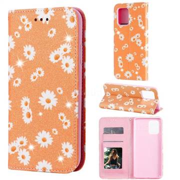 Ultra Slim Daisy Sparkle Glitter Powder Magnetic Leather Wallet Case for Samsung Galaxy A91 - Orange