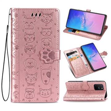 Embossing Dog Paw Kitten and Puppy Leather Wallet Case for Samsung Galaxy A91 - Rose Gold