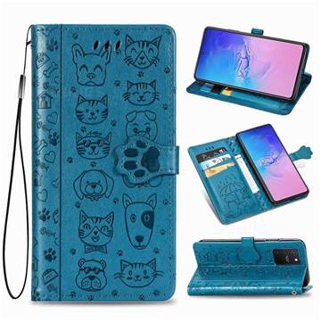 Embossing Dog Paw Kitten and Puppy Leather Wallet Case for Samsung Galaxy A91 - Blue