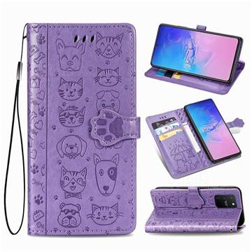 Embossing Dog Paw Kitten and Puppy Leather Wallet Case for Samsung Galaxy A91 - Purple