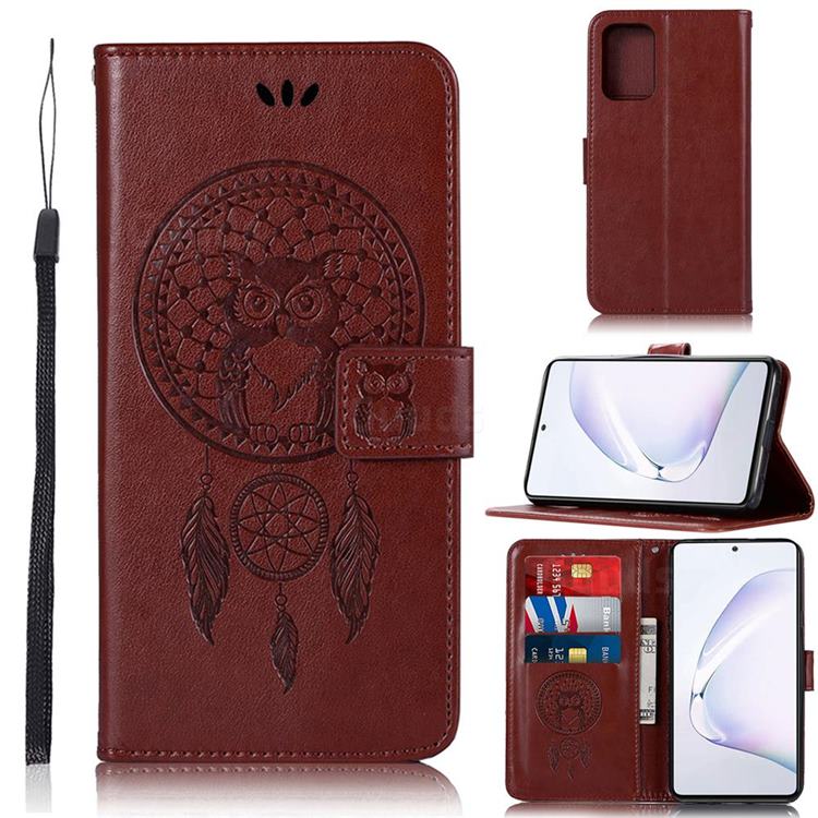 Intricate Embossing Owl Campanula Leather Wallet Case for Samsung Galaxy A91 - Brown