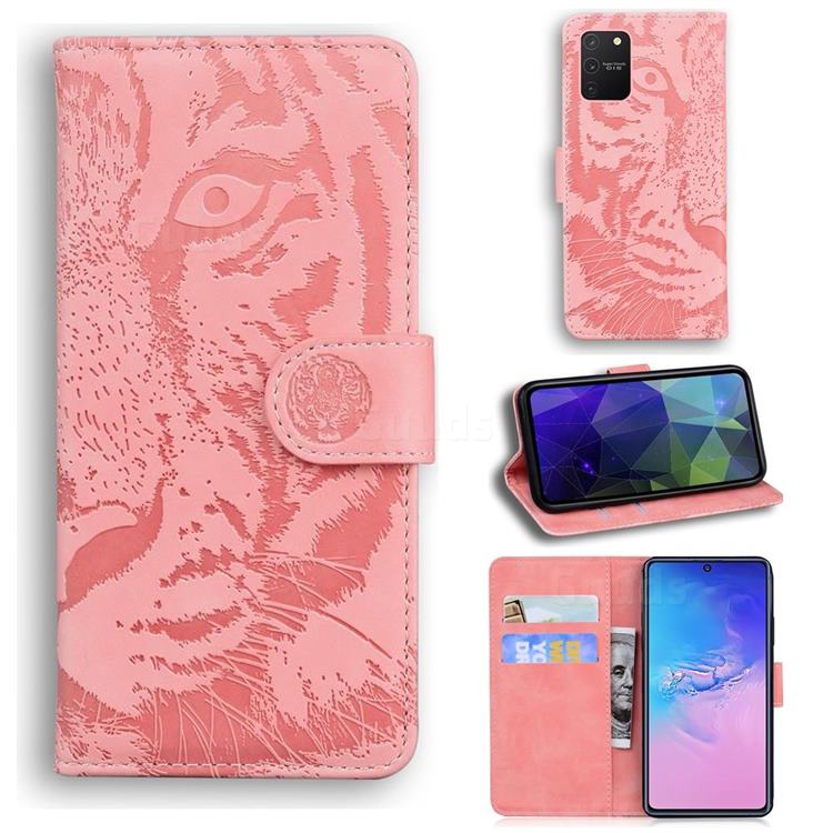 Intricate Embossing Tiger Face Leather Wallet Case for Samsung Galaxy A91 - Pink
