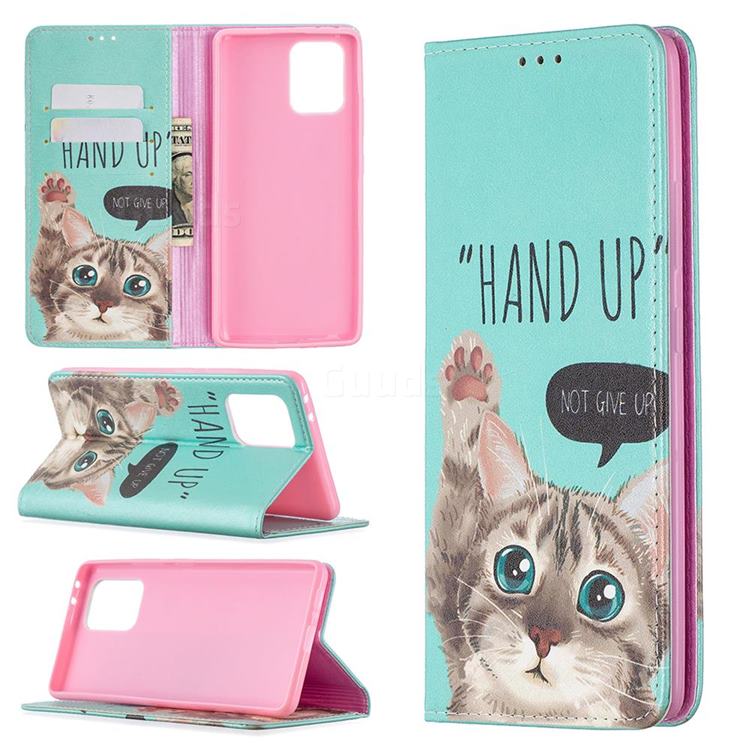 Hand Up Cat Slim Magnetic Attraction Wallet Flip Cover for Samsung Galaxy A91